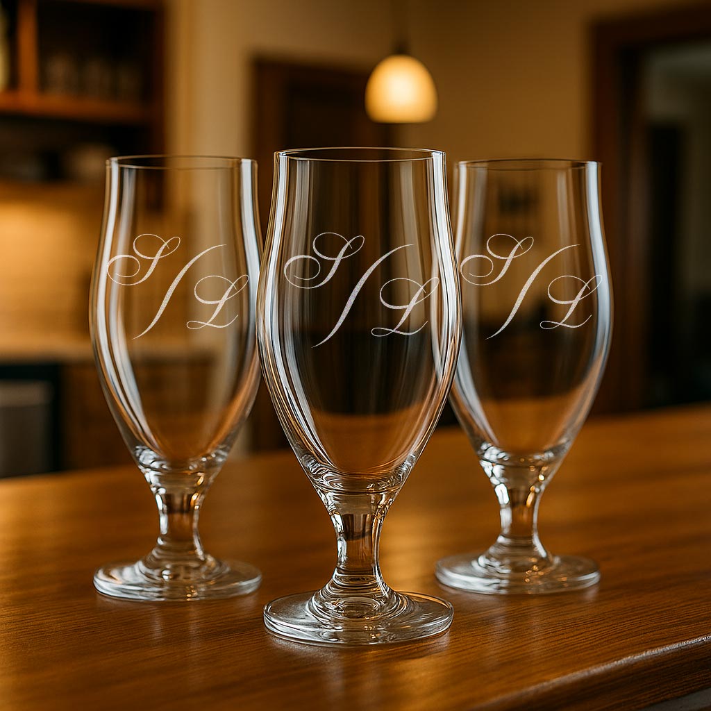3 verres à bière à personnaliser avec initiales gravées, parfaits comme cadeau personnalisé pour mariage, anniversaire ou fête spéciale.