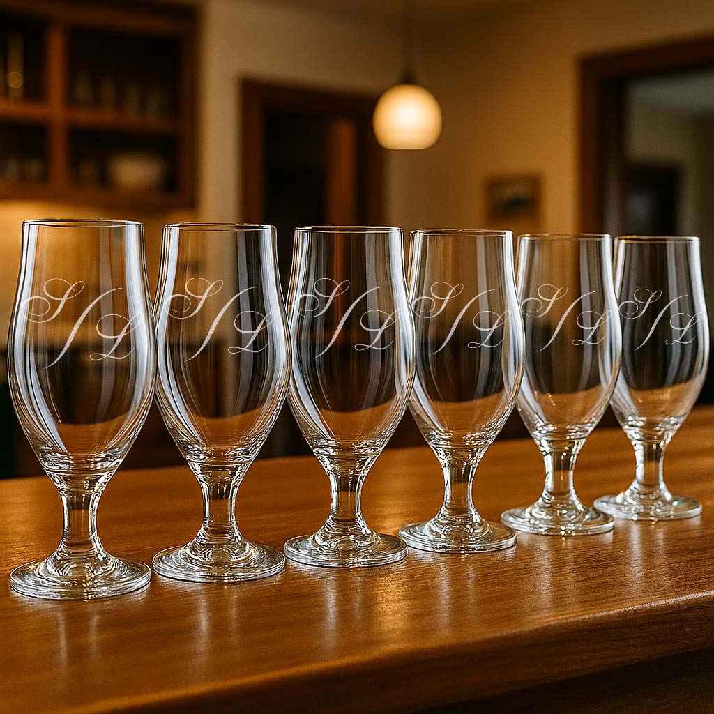 Six verres à bière à personnaliser avec initiales gravées, idée cadeau personnalisé pour anniversaire, mariage ou occasion spéciale.