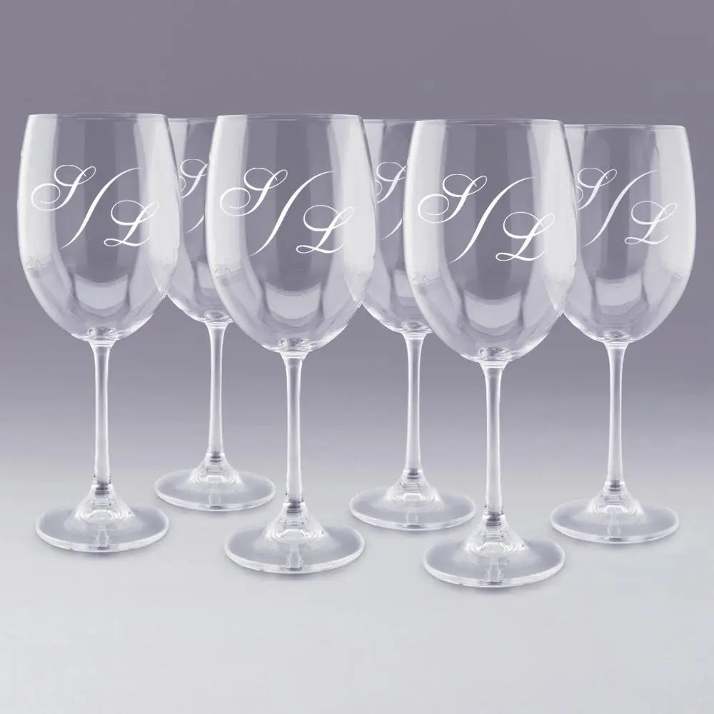 Lot de 6 verres à vin personnalisés avec monogramme gravé, parfait pour un cadeau élégant lors d’un mariage, d’un anniversaire ou d’une réception.