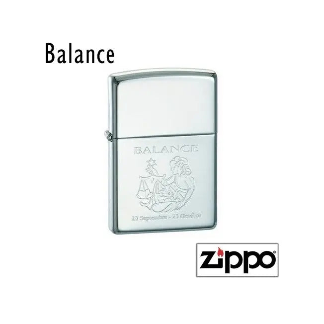 Briquet Zippo personnalisable signe Balance avec gravure du zodiaque et dates, idéal comme cadeau unique et élégant pour les natifs de septembre à octobre.