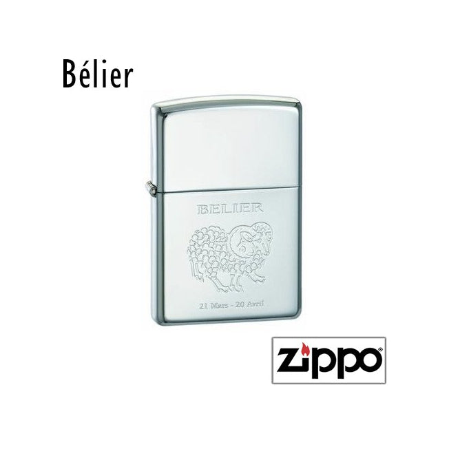 Briquet Zippo en métal brillant décoré du symbole astrologique du Bélier, avec les dates 21 mars - 20 avril gravées.