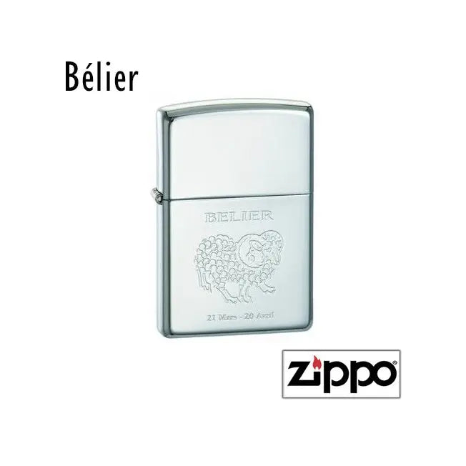 Briquet Zippo en métal brillant décoré du symbole astrologique du Bélier, avec les dates 21 mars - 20 avril gravées.