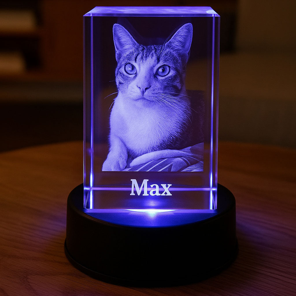Portrait 3D gravé au laser d’un chat dans un bloc en verre lumineux avec socle LED violet. Idéal comme cadeau souvenir pour un animal de compagnie adoré. Prénom "Max" inscrit avec finesse pour personnalisation affective et décorative.