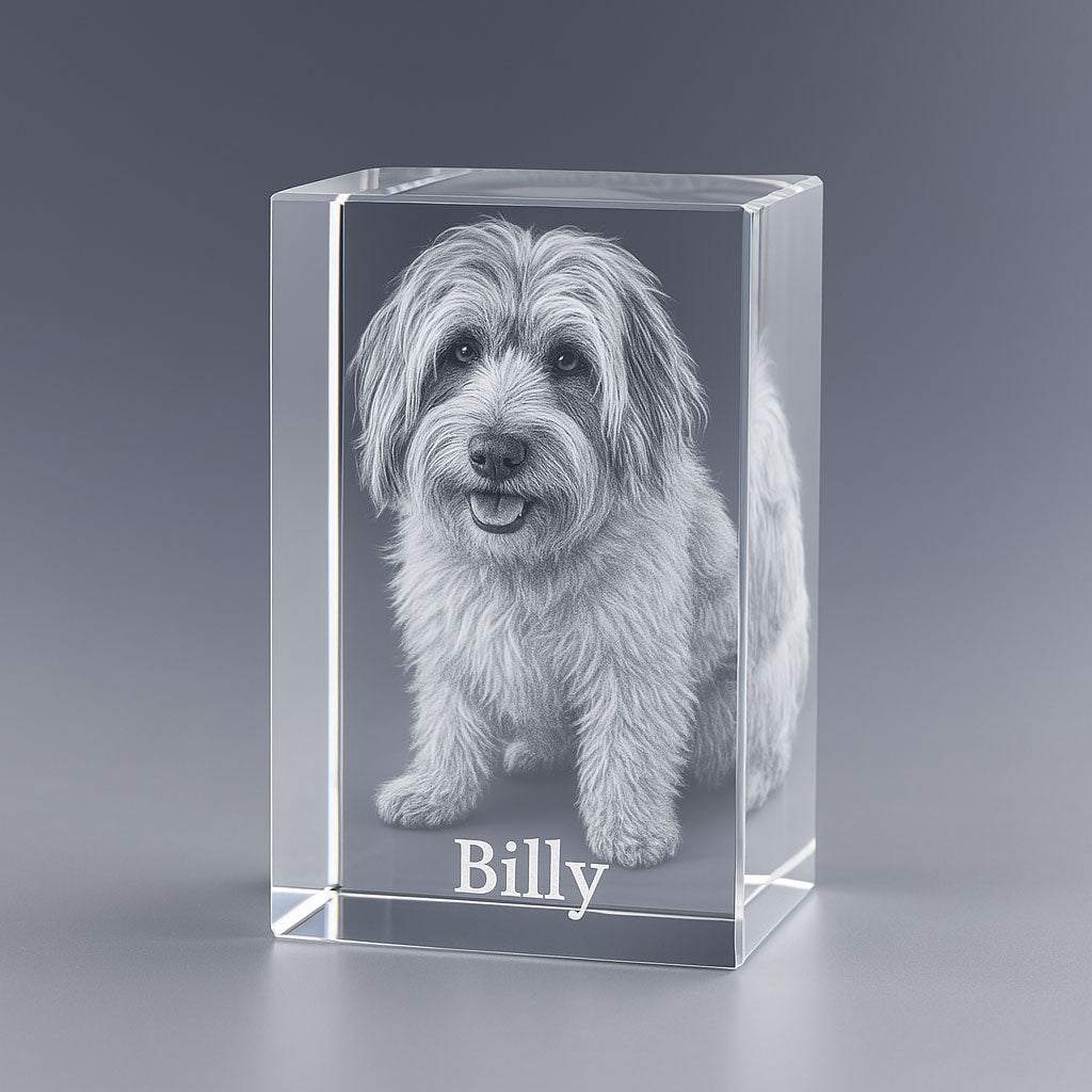 Portrait d’un chien gravé avec une extrême finesse dans un bloc en verre transparent. Cadeau personnalisé et intemporel grâce à la gravure laser 3D, parfait pour les passionnés d’animaux ou en souvenir d’un animal adoré.