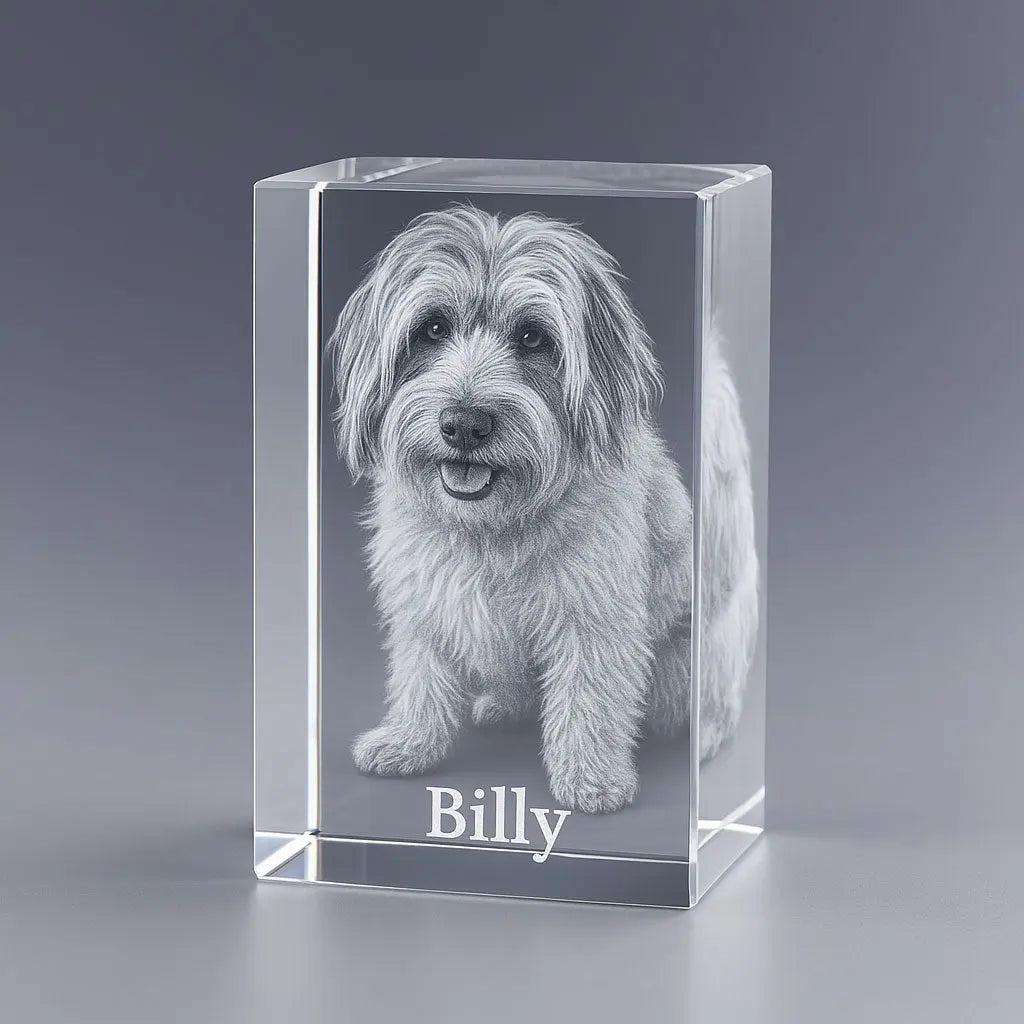 Portrait d’un chien gravé avec une extrême finesse dans un bloc en verre transparent. Cadeau personnalisé et intemporel grâce à la gravure laser 3D, parfait pour les passionnés d’animaux ou en souvenir d’un animal adoré.