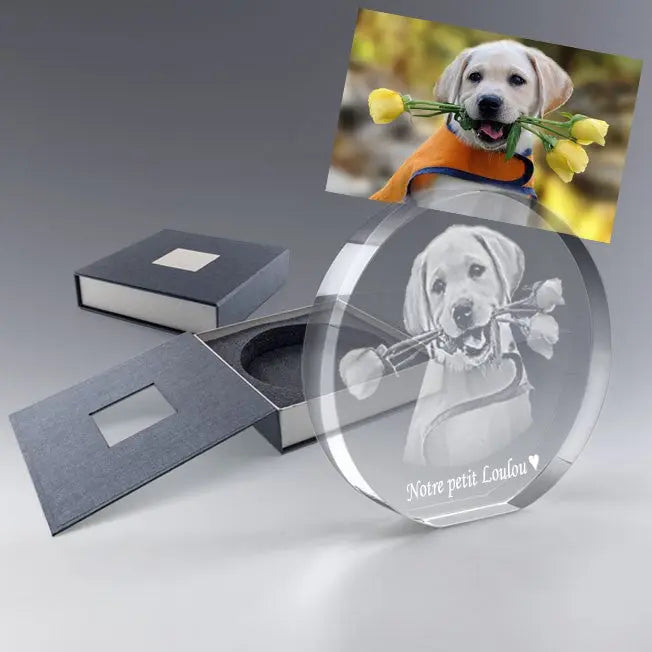 Immortalisez votre animal avec ce bloc rond en verre gravé en 2D. Cadeau personnalisé original pour les amoureux des animaux et souvenirs de compagnie.