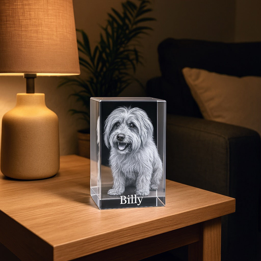 Bloc en verre avec gravure laser 3D du portrait d’un chien nommé "Billy", posé sur un socle lumineux. Un hommage raffiné pour célébrer un fidèle compagnon ou offrir un cadeau original à un amoureux des animaux.