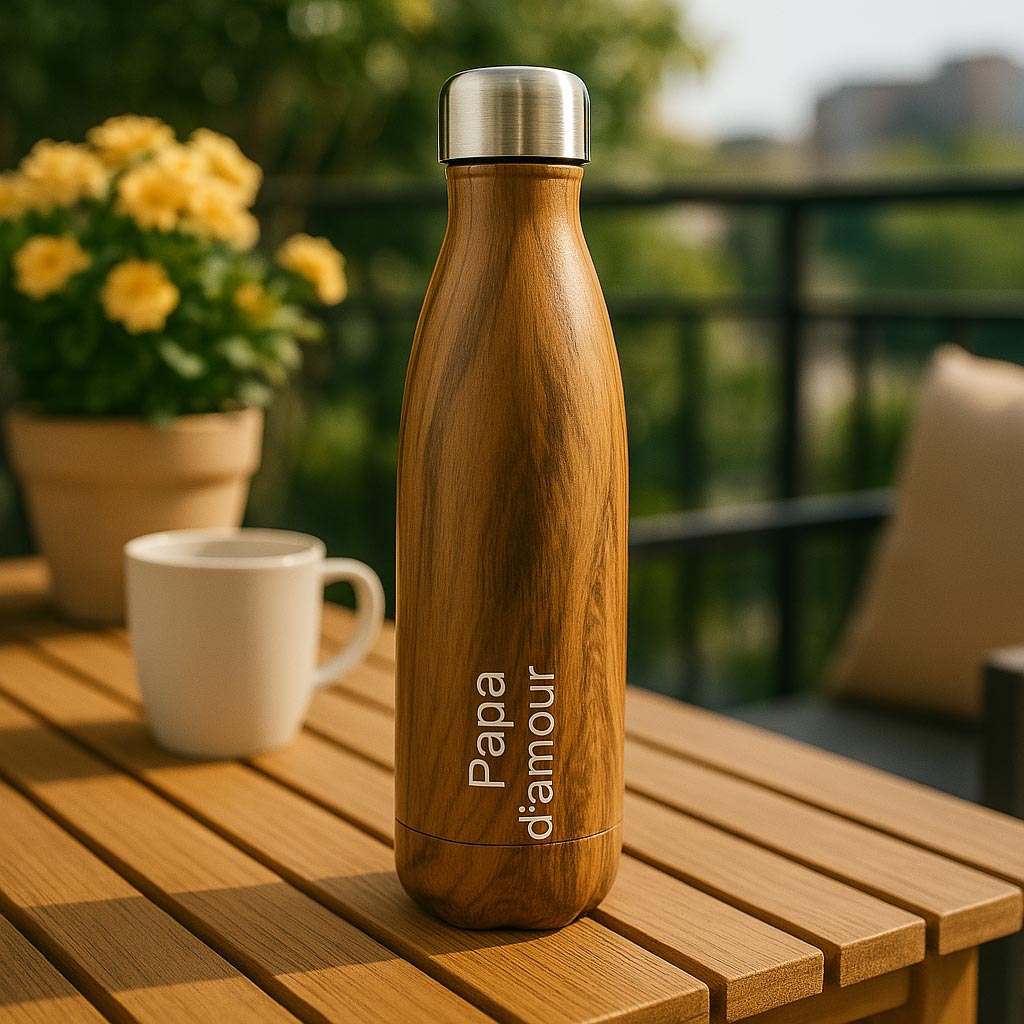 Bouteille isotherme personnalisée 500 ml avec motif bois naturel et texte gravé “Papa d’amour”, idéale pour un moment de détente ou un cadeau attentionné.