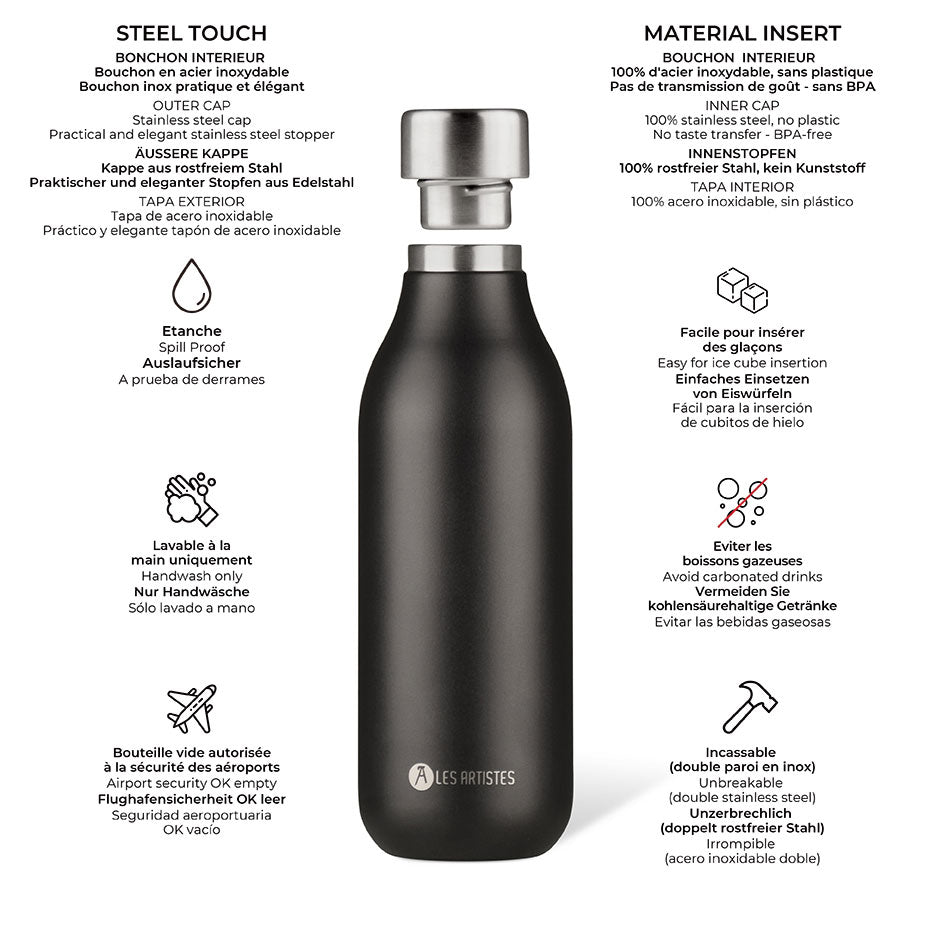 Bouteille isotherme noire en inox double paroi, bouchon acier étanche, incassable, sans BPA, idéale pour boissons chaudes ou froides.