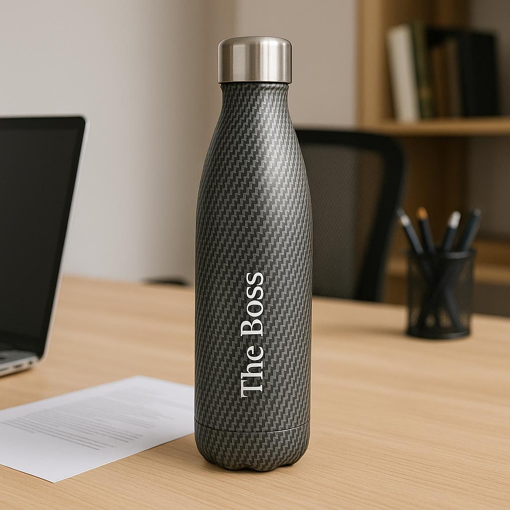 Bouteille isotherme personnalisée 500 ml avec gravure “The Boss”, motif carbone, élégante et pratique pour rester hydraté au bureau toute la journée.