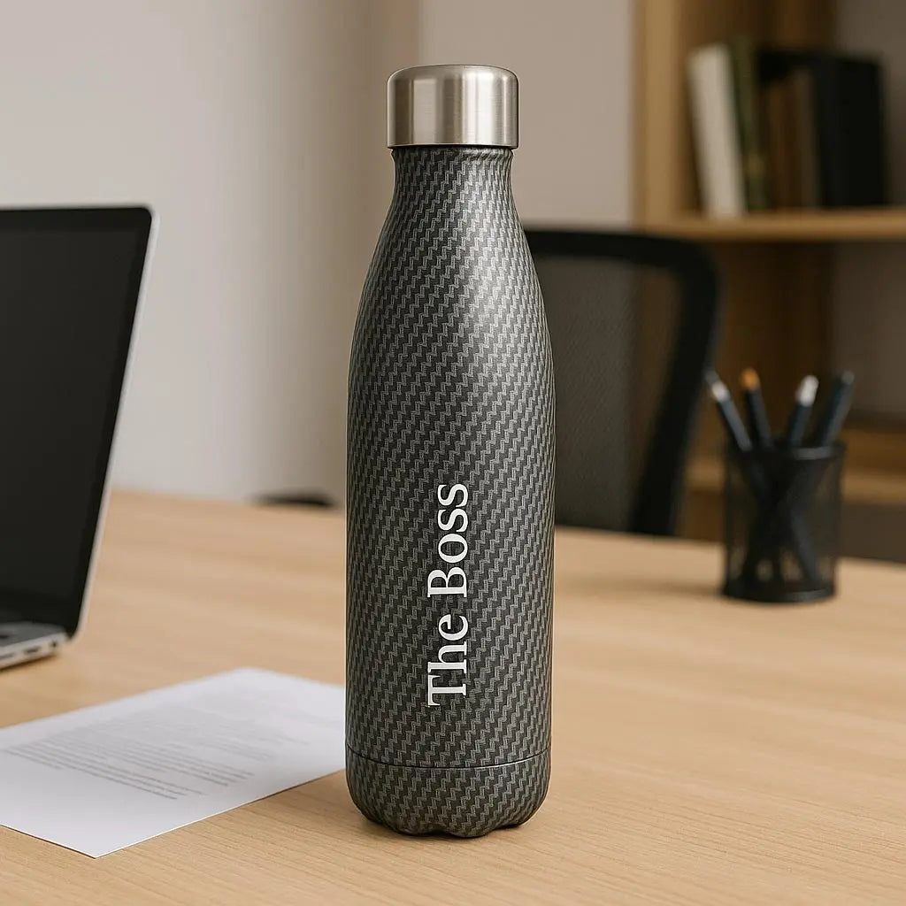 Bouteille isotherme personnalisée 500 ml avec gravure “The Boss”, motif carbone, élégante et pratique pour rester hydraté au bureau toute la journée.