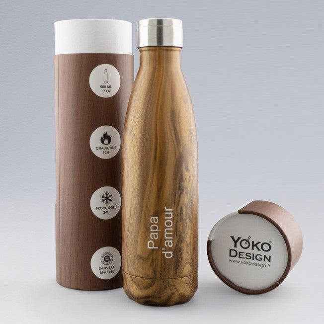 Gourde isotherme personnalisée 500 ml, finition bois avec texte gravé “Papa d’amour”, livrée dans son tube cadeau assorti pour une surprise réussie.