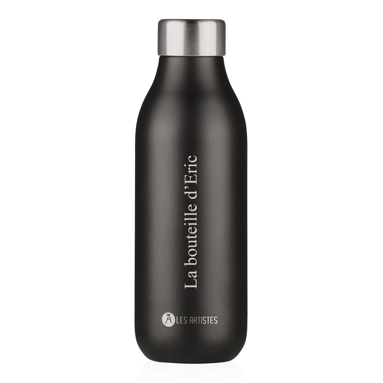 Bouteille isotherme noire 500 ml personnalisée avec gravure, en acier inoxydable, idéale pour garder boissons chaudes ou froides.