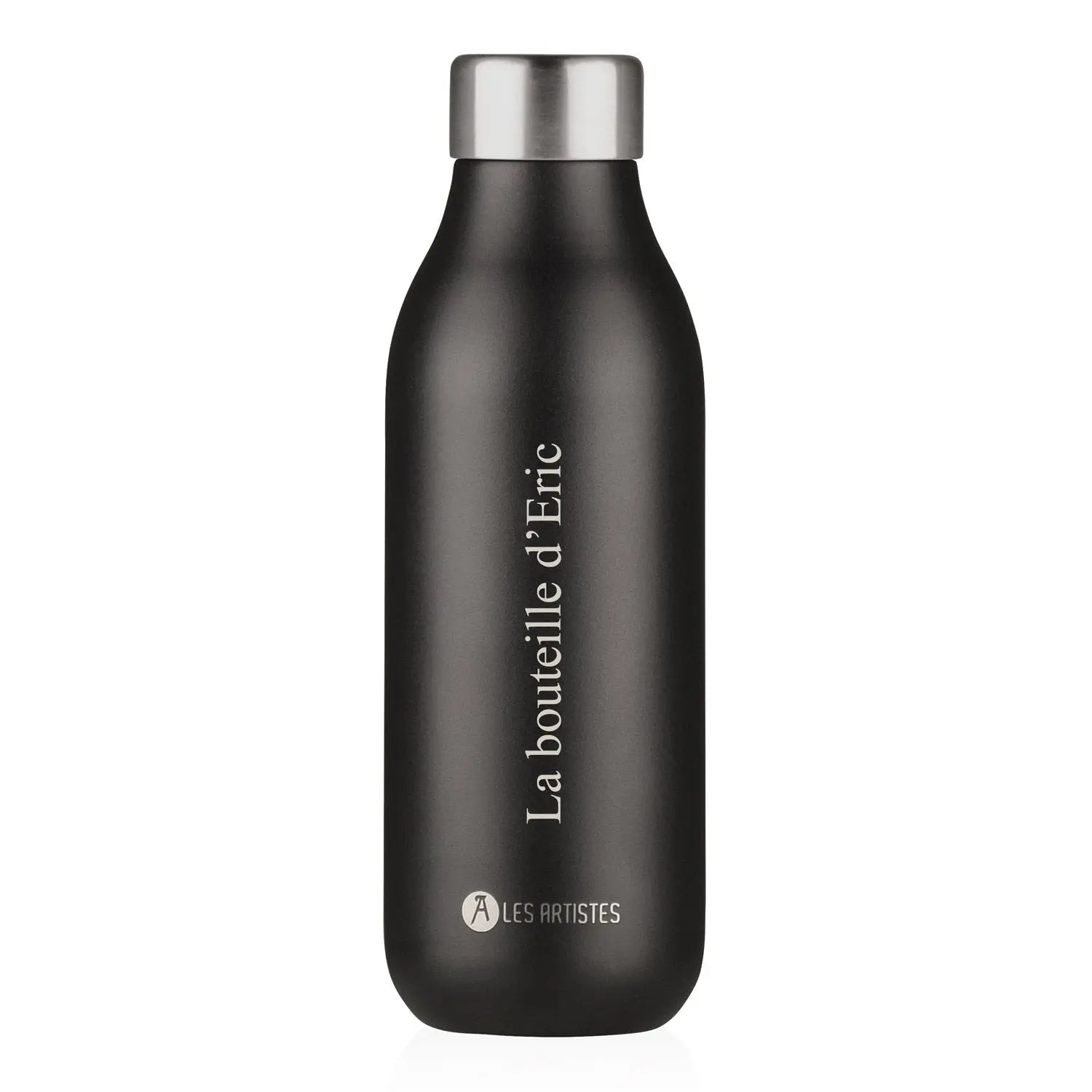 Bouteille isotherme noire 500 ml personnalisée avec gravure, en acier inoxydable, idéale pour garder boissons chaudes ou froides.
