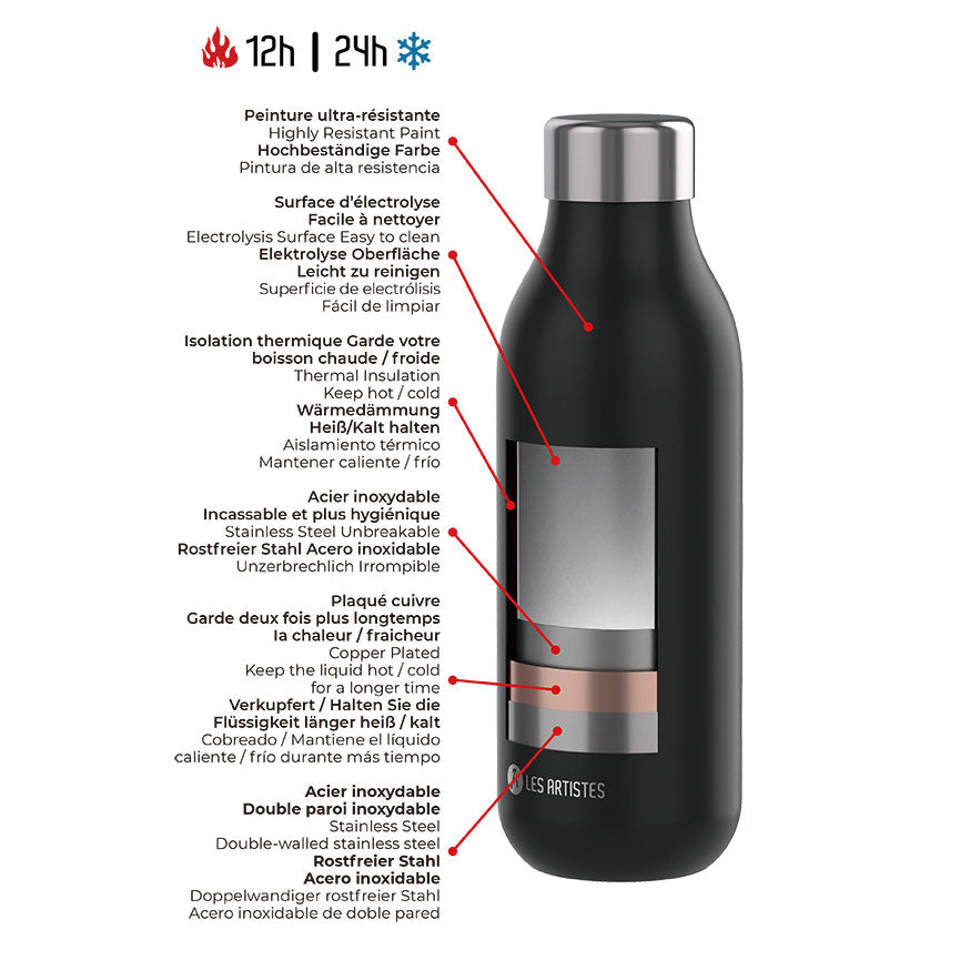 Bouteille isotherme noire personnalisable en inox double paroi, plaquée cuivre, ultra-résistante, garde les boissons chaudes 12h et froides 24h.