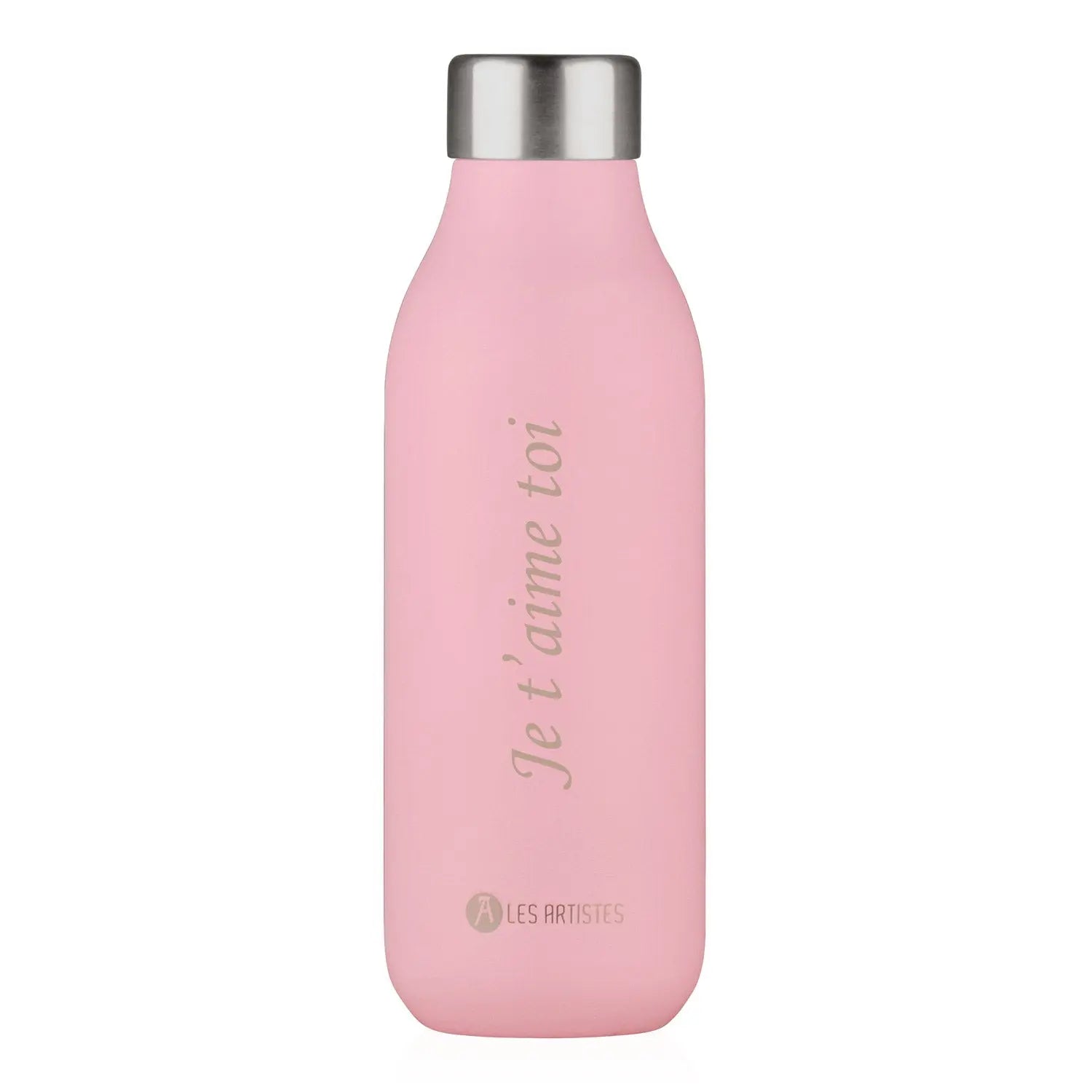Bouteille isotherme rose 500 ml personnalisée avec gravure, en acier inoxydable, idéale pour conserver boissons chaudes ou froides.