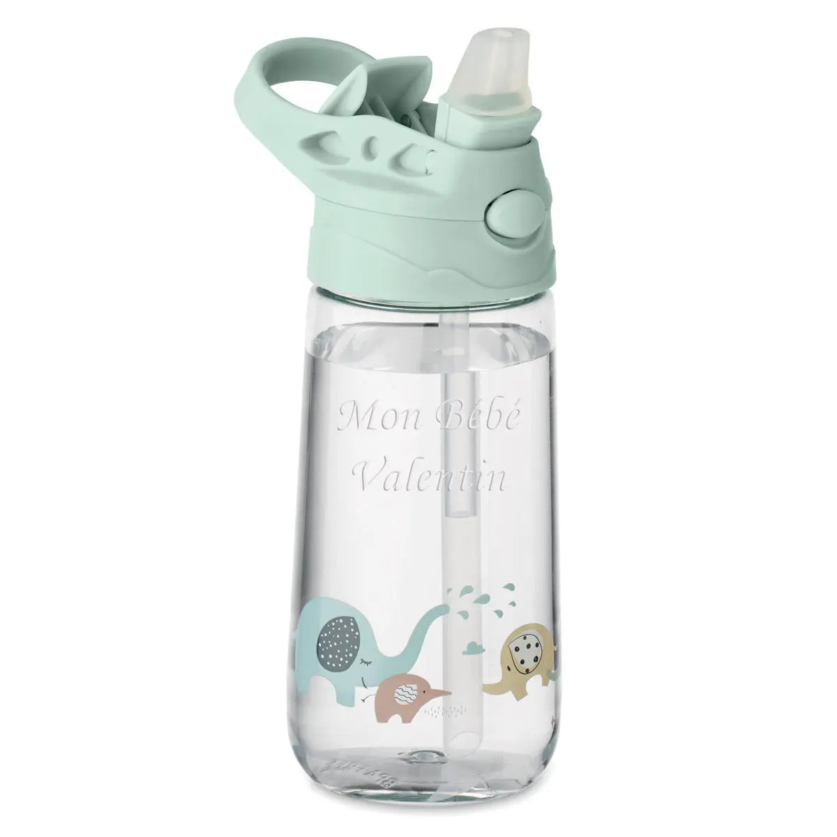 Bouteille pour enfant personnalisée avec gravure “Mon Bébé Valentin”, paille intégrée et motifs éléphants ludiques, cadeau unique et pratique.