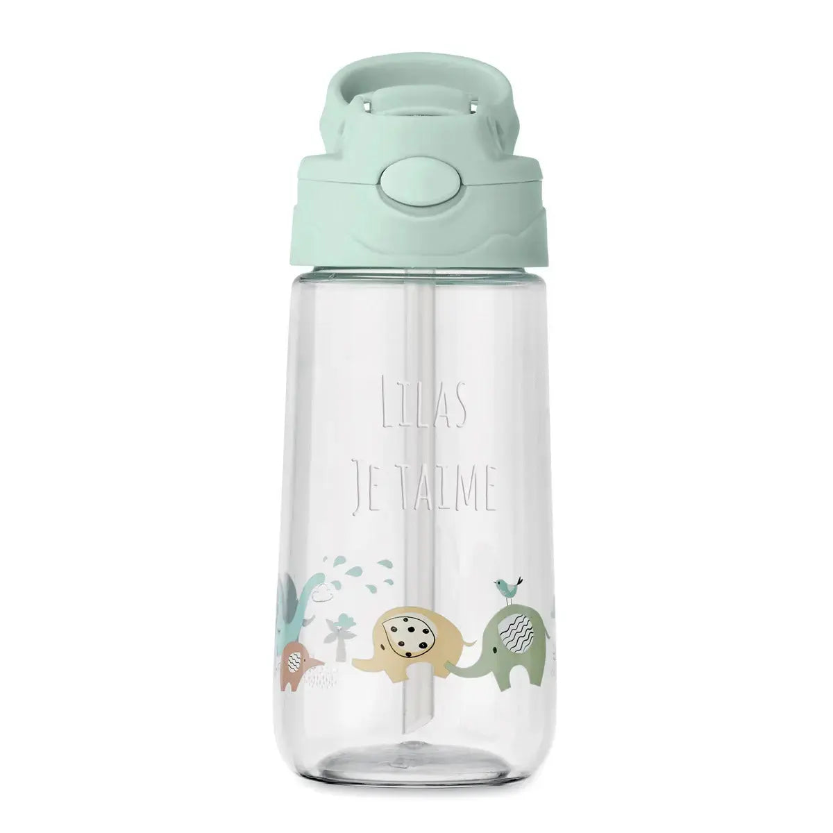 Bouteille pour enfant personnalisée en Tritan avec gravure “LILAS JE T’AIME” et motifs éléphants colorés, parfaite comme cadeau personnalisé.