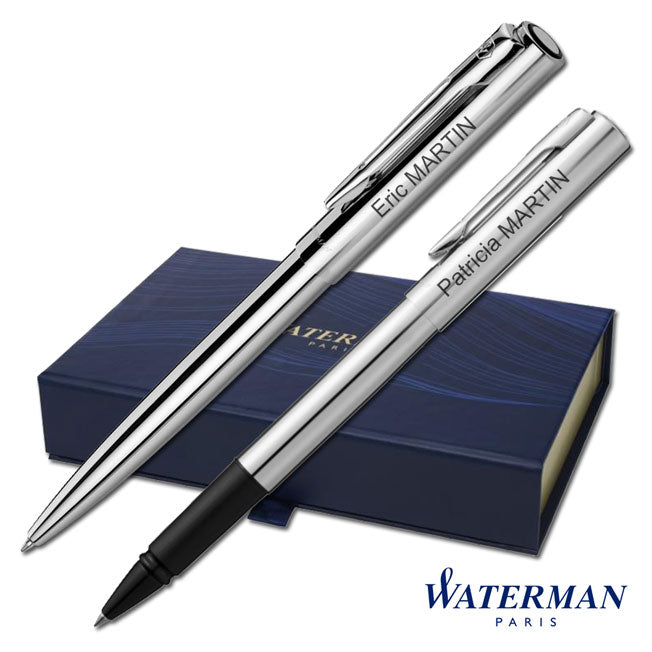 Stylos Waterman personnalisés avec noms gravés au laser, présentés dans un élégant coffret cadeau bleu et or Waterman Paris.