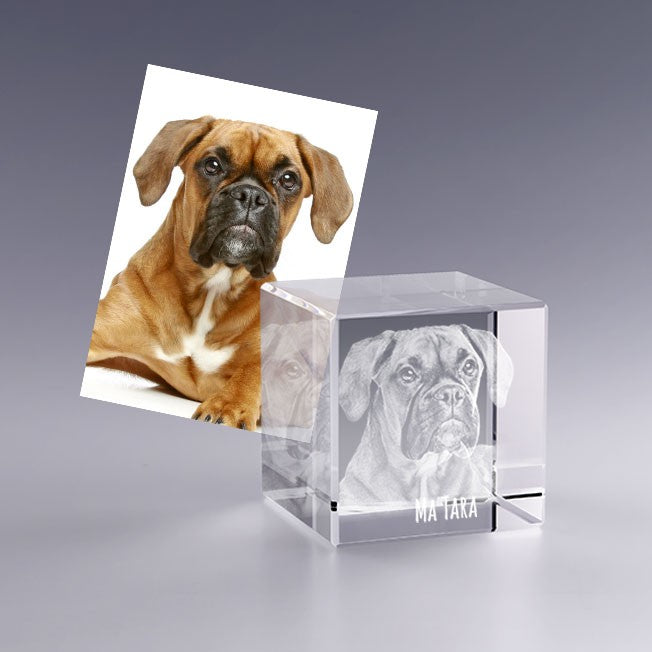 Bloc cube 5 cm avec gravure laser fidèle d’un chien. Cadeau animalier personnalisé pour célébrer son compagnon fidèle.