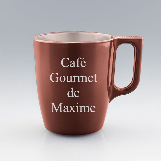 Mug en verre terracotta métallisé 25 cl à personnaliser en ligne avec un texte libre pour offrir un moment gourmand ou affectueux.