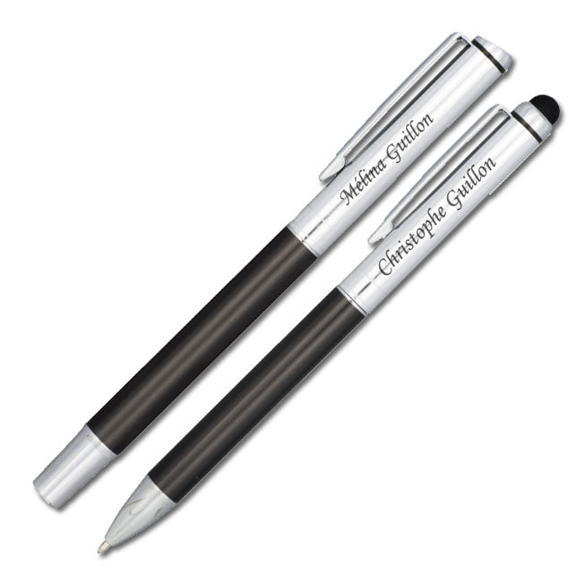 Parure de stylos personnalisés avec gravure laser de prénoms – stylo bille avec stylet et roller dans une finition noire élégante.