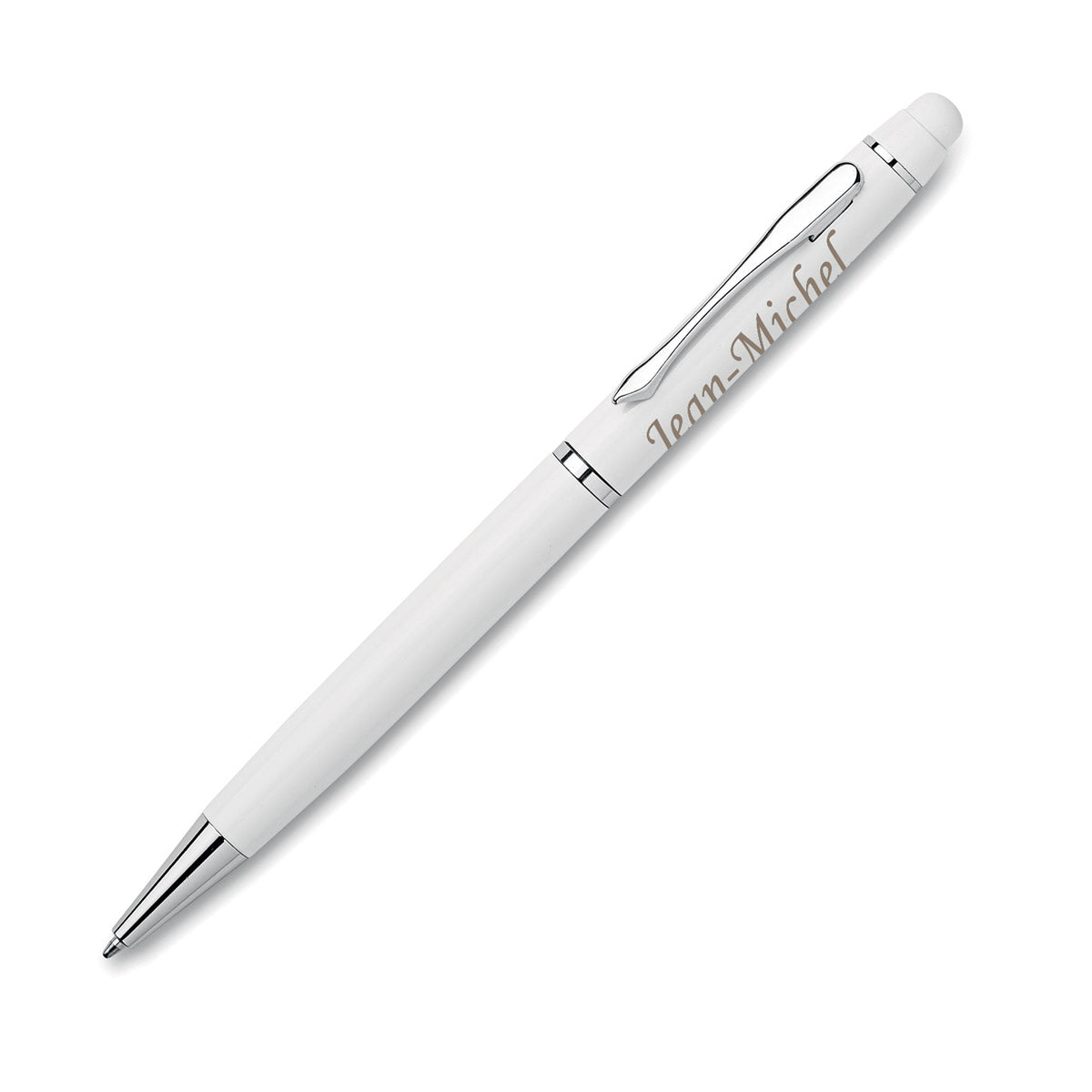 Stylo bille tactile blanc en aluminium avec gravure prénom, stylo personnalisé élégant pour cadeau professionnel.