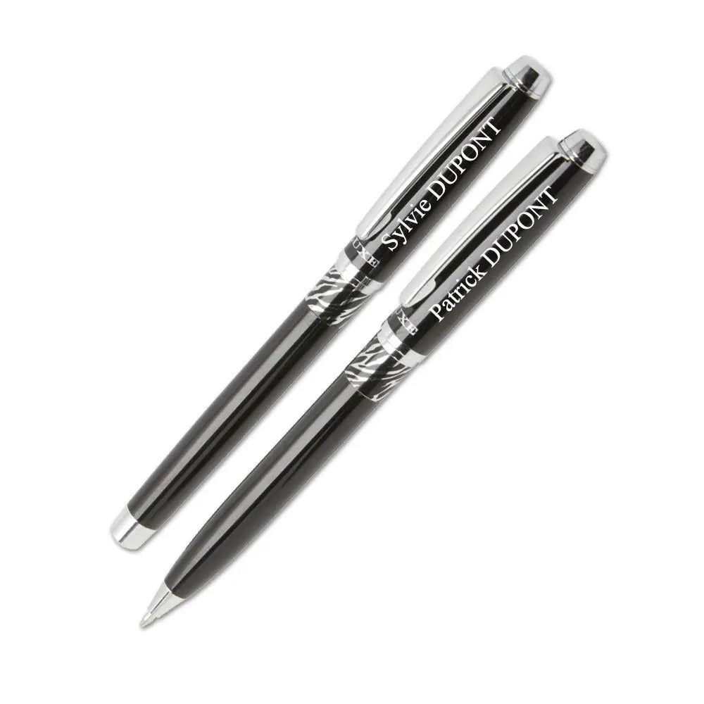Stylo bille et roller noirs avec gravure personnalisée. Offrez un coffret élégant pour un cadeau sobre, pratique et mémorable.