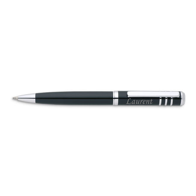 Stylo en métal noir brillant à personnaliser, gravé avec le prénom Laurent, idéal comme cadeau élégant.