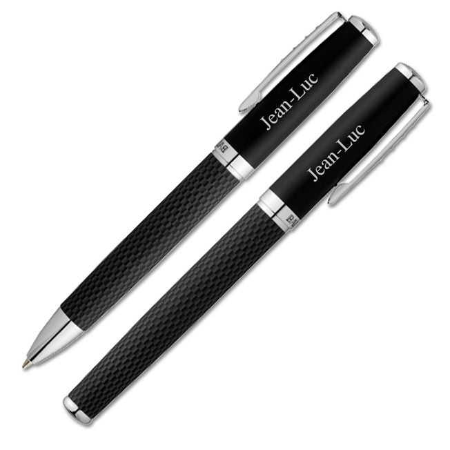 Duo de stylos bille et roller noirs gravés au prénom "Jean-Luc", un cadeau personnalisé raffiné et professionnel.