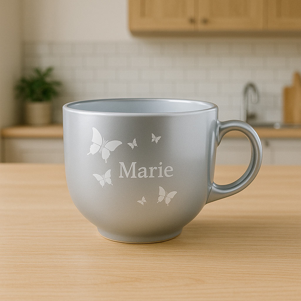 Tasse Jumbo couleur argent personnalisée Marie, ornée de papillons. Un cadeau utile et raffiné pour toutes les occasions spéciales.