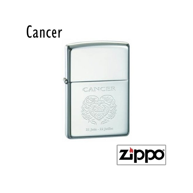 Briquet Zippo illustré du signe Cancer avec deux crabes entrelacés et les dates astrologiques 21 juin - 22 juillet en bas.