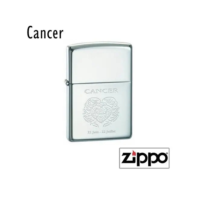 Briquet Zippo illustré du signe Cancer avec deux crabes entrelacés et les dates astrologiques 21 juin - 22 juillet en bas.