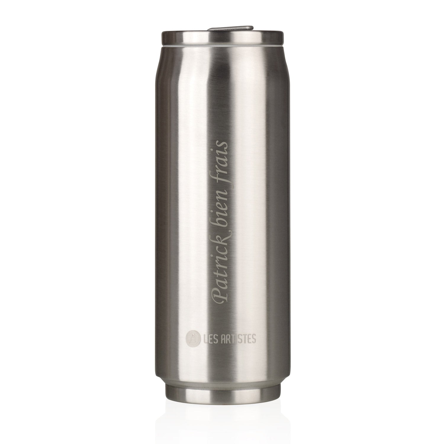 Canette isotherme en inox argent 500 ml personnalisée avec gravure, idéale pour conserver boissons chaudes ou froides avec style.