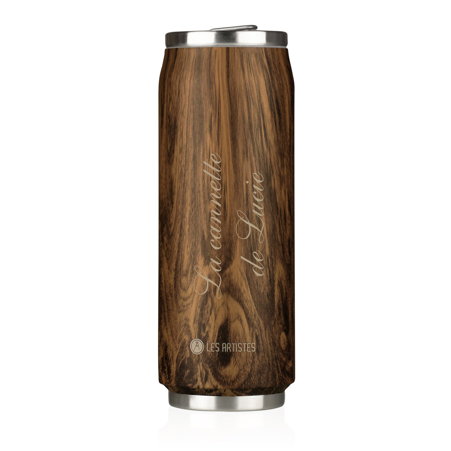 Canette isotherme en inox effet bois 500 ml personnalisée avec gravure, idéale pour conserver vos boissons chaudes ou froides.