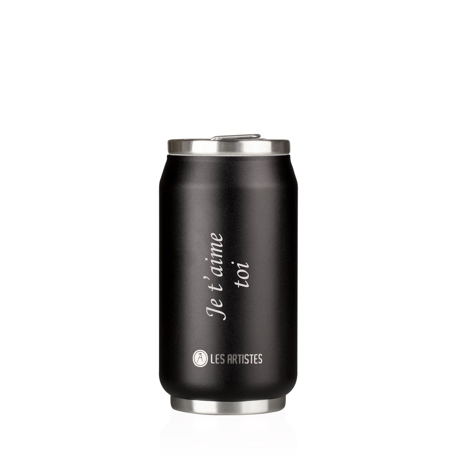 Canette isotherme noire 280 ml en acier inoxydable personnalisée avec gravure, idéale pour boissons chaudes ou froides au quotidien.