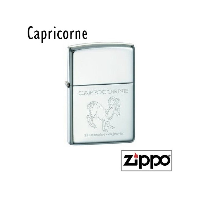 Zippo gravé Capricorne avec illustration du signe et dates de naissance. Cadeau original et durable pour les personnes nées entre décembre et janvier.
