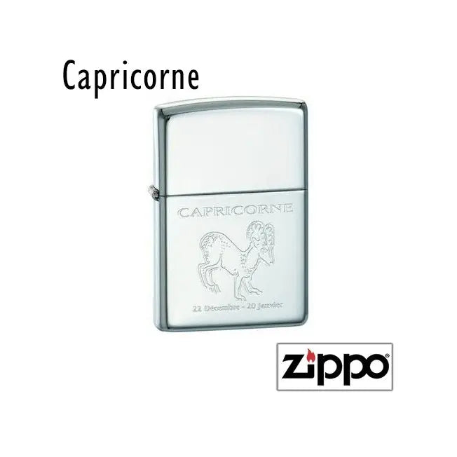Zippo gravé Capricorne avec illustration du signe et dates de naissance. Cadeau original et durable pour les personnes nées entre décembre et janvier.