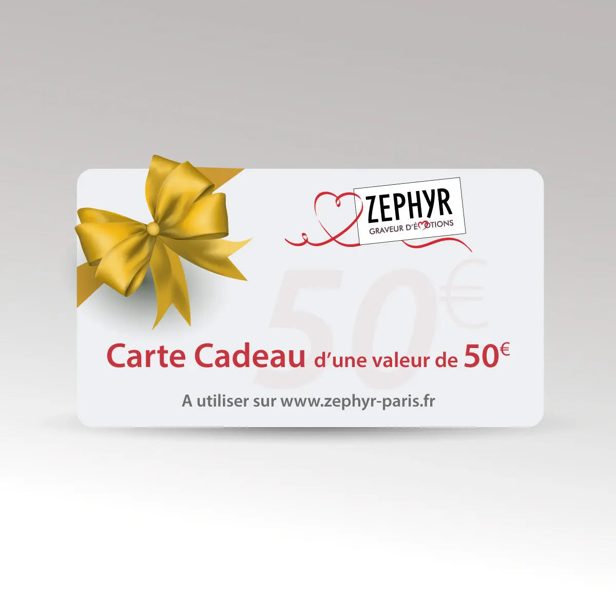 Carte cadeau Zephyr Paris d’une valeur de 50€, design raffiné avec nœud doré, idéale pour un cadeau gravé au choix.