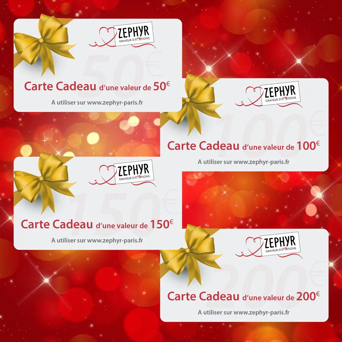 Ensemble de cartes cadeaux Zephyr Paris de 50€, 100€, 150€ et 200€, illustrées sur fond rouge festif avec rubans dorés.