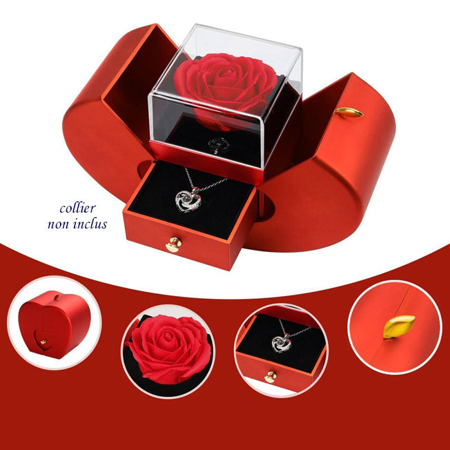 Coffret cadeau en forme de cœur avec rose éternelle et tiroir pour bijou. Idéal pour offrir un bijou avec une touche romantique (collier non inclus).