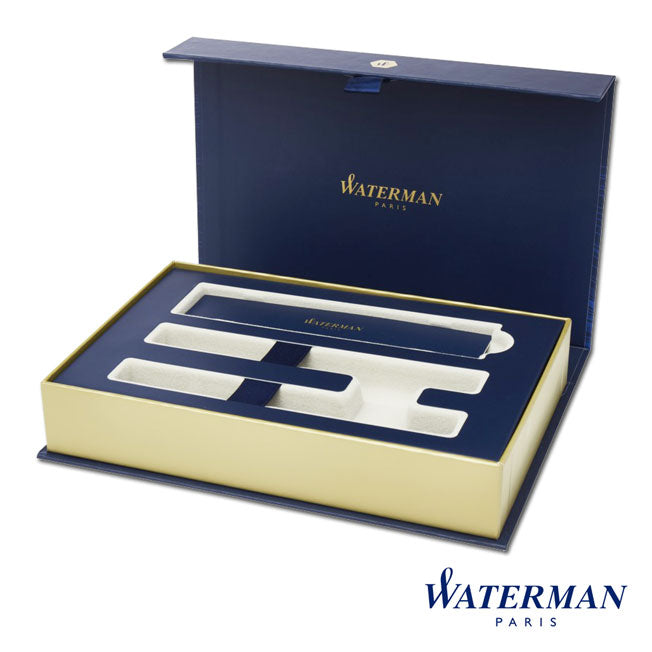 Coffret Waterman haut de gamme vide, conçu pour accueillir un stylo bille et un roller personnalisés, intérieur raffiné en mousse blanche.