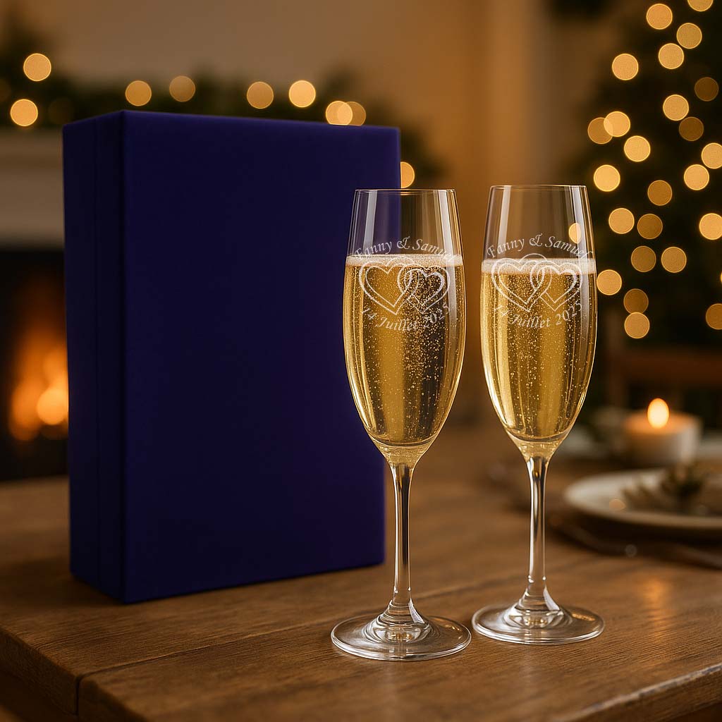 Deux flûtes à champagne gravées avec prénoms, date et motif cœurs, présentées dans un coffret bleu. Un cadeau personnalisé parfait pour un mariage d’hiver.
