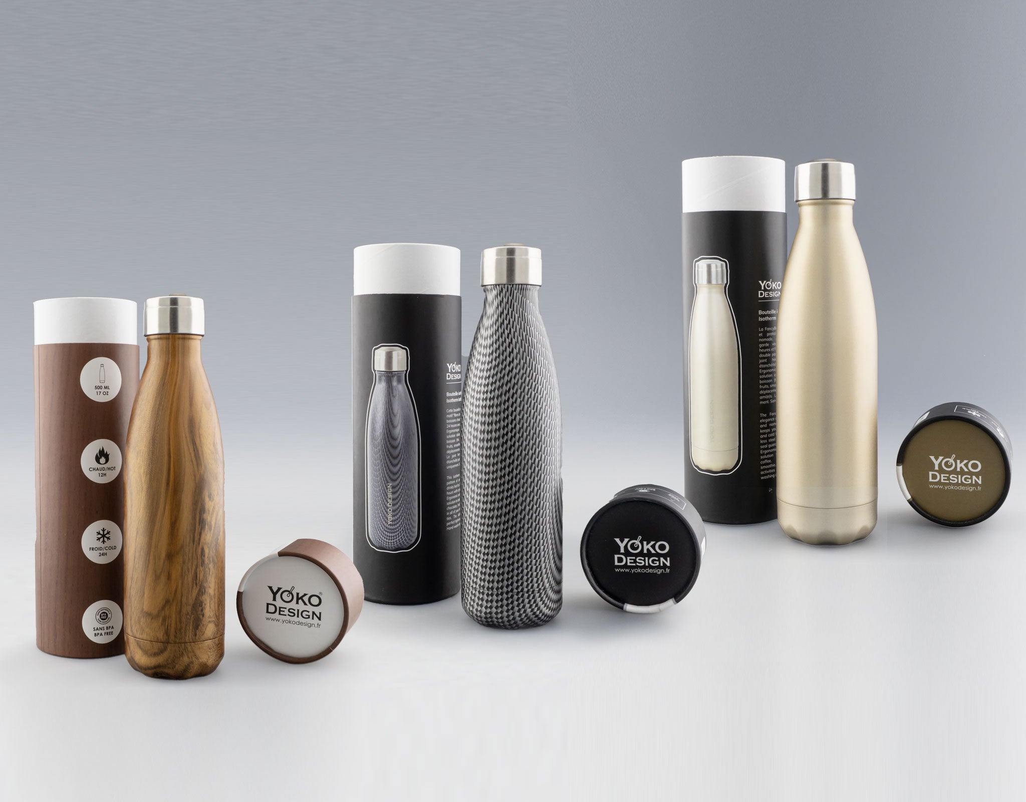 Bouteilles isothermes design Yoko personnalisables, livrées dans leur tube cadeau – Idéales pour garder vos boissons chaudes ou froides toute la journée.