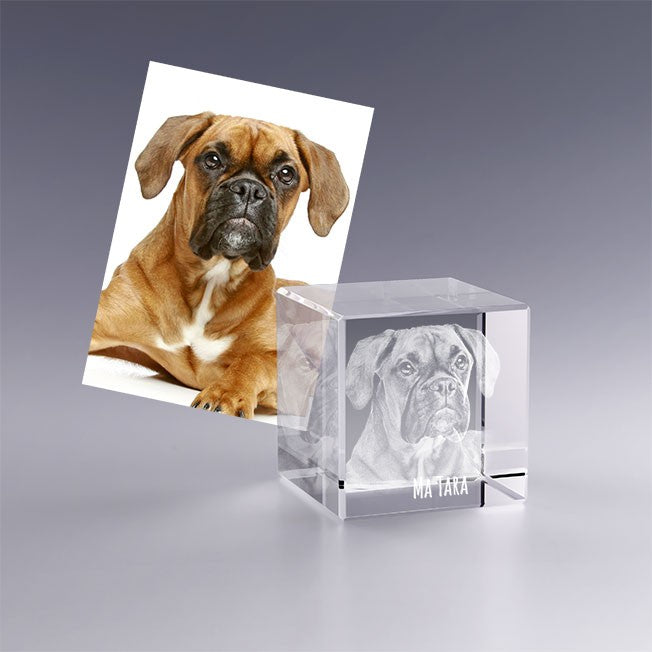 Gravure laser personnalisée d’un chien de race boxer dans un cube en verre cristallin de 4 cm, avec le prénom "Ma Tara" inscrit en bas.