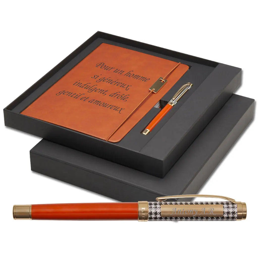 Coffret cadeau Legato comprenant un carnet A5 personnalisé et un stylo roller gravé au design raffiné, présenté dans une boîte élégante.