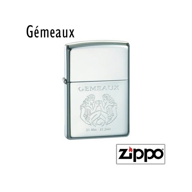 Briquet Zippo finition miroir gravé du motif Gémeaux, deux personnages en symétrie et dates 21 mai - 21 juin.