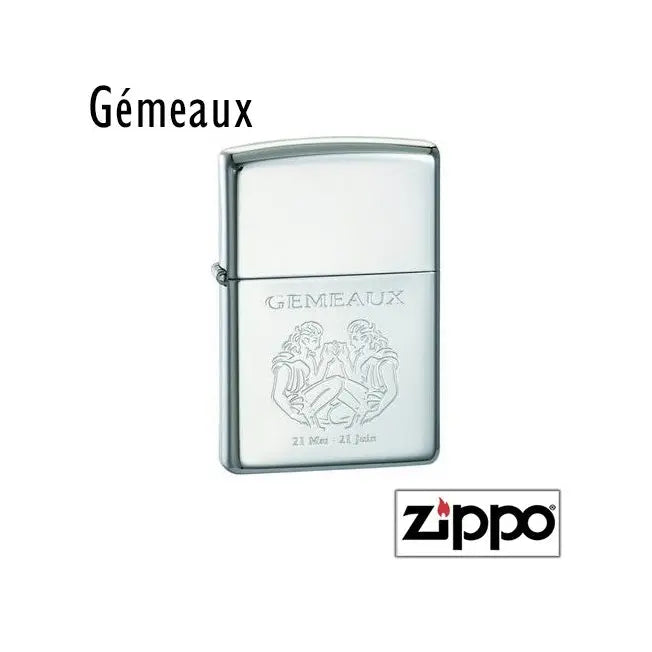 Briquet Zippo finition miroir gravé du motif Gémeaux, deux personnages en symétrie et dates 21 mai - 21 juin.