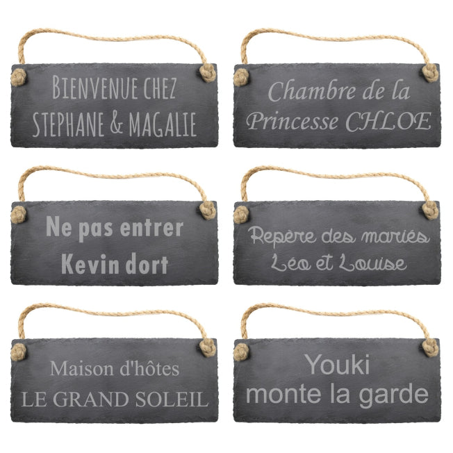 Plaques de porte en ardoise personnalisées avec gravures variées : messages d’accueil, chambres d’enfants, avertissements et noms de maison, parfaites pour un cadeau unique.
