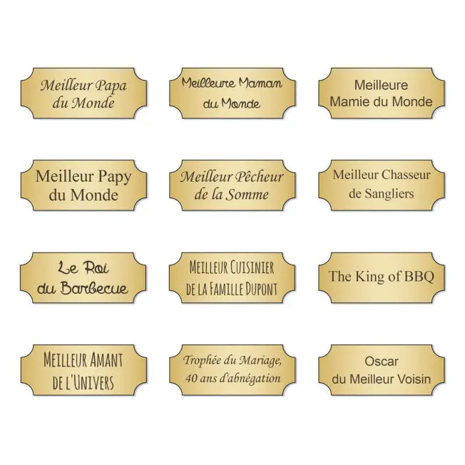Exemples de plaques personnalisées pour trophée Oscar : papa, maman, voisin, BBQ, mariage… à graver selon votre message ou dédicace.